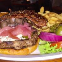 Bleu Cheese Burger · Kobe beef burger topped with Bleu cheese crumbles, candied red onions, honey Pepper bacon, m...