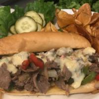 Allen Cheese Steak Sandwich  · Thinly sliced Ribeye, sauteed onions, red and green peppers and jalapenos, topped with TwoRo...