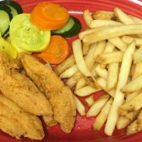 Gf Fried Chicken Tenders · 3 GF chicken tenders battered with corn meal and deep fried to a golden brown, served with F...