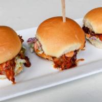 Bbq Pulled Pork Sandies · Smoked beer BBQ pork topped with Sriracha mayo and  Southern Slaw on a toasted brioche bun. ...