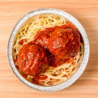 Meatballs · Spaghetti noodles tossed in our marinara sauce topped with 2 roman size meatballs served wit...