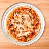 Chicken Parmigiana Pizza · house pizza sauce house made breaded chicken, tomatoes, swiss and mozzarella blend topped wi...
