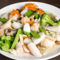 Seafood Delight With Vegetables · Jumbo shrimp, scallop, crab meat sautéed with broccoli, water chestnut, mushroom, Napa, wate...