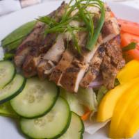 Grilled Chicken Ma Salad · Grilled honey chicken with tamari (GTF) sauce, lettuce, tomato, onions, cucumber, carrots to...
