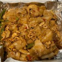Pad Kee Mow · Wok-stir-fried flat noodles cooked in spicy basil house-made sauce with egg, onions, bell pe...