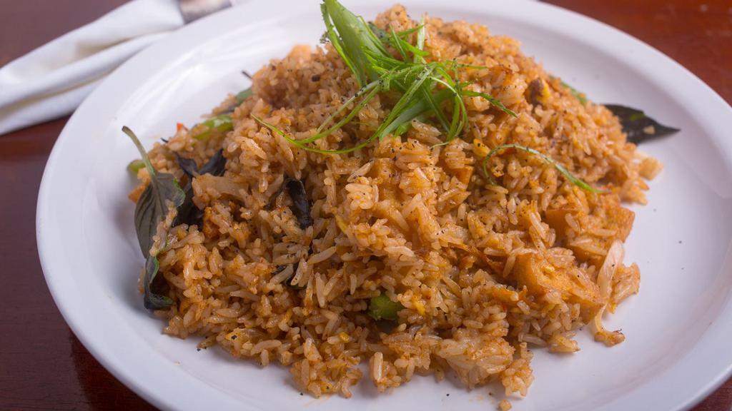 Spicy Basil Fried Rice · Fresh cracked egg, scrambled with onions, bell pepper, basil leaves, wok-fried rice in our chili sauce.