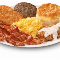 The Grand Platter · Three strips of bacon, scrambled eggs, hash brown, sausage patty, breakfast steak with gravy...