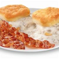 Biscuits & Gravy · Two biscuits with sausage gravy and your choice of one meat (three-pieces of bacon, sausage ...