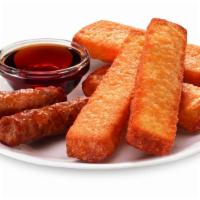 4 French Toast Sticks With Sausage Links · Four French toast stix with two syrup and two sausage links.