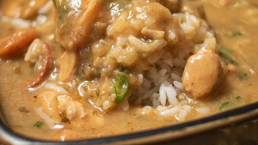 Gumbo · Multiple sizes. Made with shrimp, beef sausage, chicken.