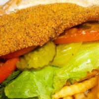 Po Boys · Fish or shrimp or hot sausage dressed with lettuce, tomatoes, pickles and mayo served with f...
