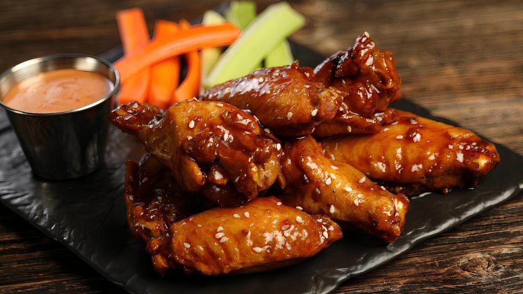 Korean Bbq · 8 Korean BBQ wings (mild heat), served with carrots & celery and a choice of blue cheese, classic ranch, or Sriracha ranch for dipping