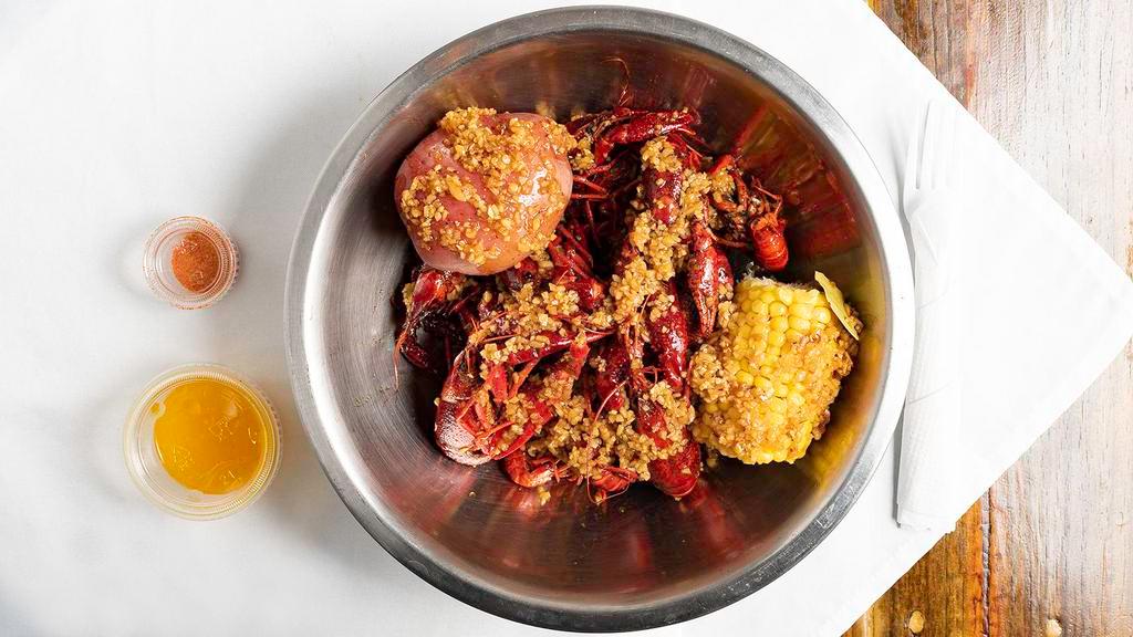 Boiled Crawfish · Crawfish cooked with traditional or garlic butter seasoning.  Choice of mild,  medium, or extra hot. Served with corn & potato. $11.99/lb - 2lb Min.