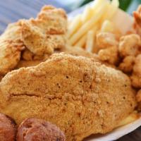 Fried Fish (2 Pieces) & Shrimp (8 Pieces) - Combo · Served with fries and hush puppies or fried rice.