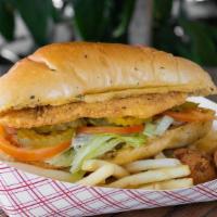 Fish Po-Boy · One piece. served with fries and hush puppies or fried rice. lettuce tomato and tartar sauce...