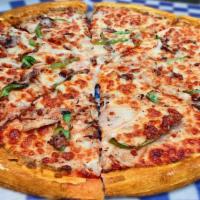 15''Large Grill Chicken Pizza · Topped with ,Freshly grilled chicken with bell peppers,mushrooms & onions.