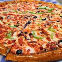 10 '' Small Veggie Combo Pizza · Topped with fresh mushroom,diced tomatoes,fresh bell peppers,onions,fresh garlic,& black oli...