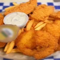 Shrimp And Chicken Dinner · Five large butterfly  shrimp and two chicken strips. Served with  1 tartar sauce 2 oz cup an...