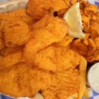 Triple Catch · Five large butterfried shrimp, one tilapia fillet and new england clam strips. Served with 1...