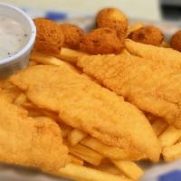Chicken Fillet Dinner · Served with french fries and hushpuppies. 4oz cup creamy gravy.