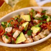 Ceviche · Tilapia marinated in lime for 6 hours then mixed with worchestershire, tabasco, onion, and j...