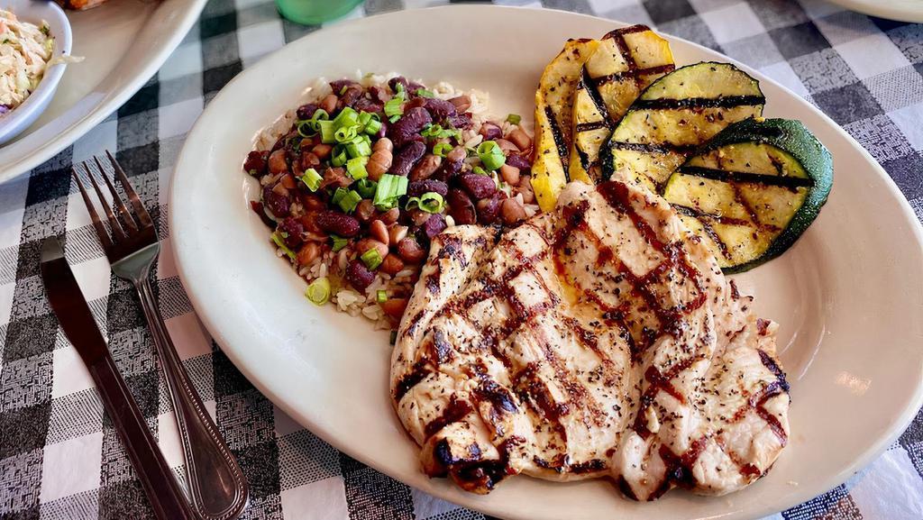 Grilled Chicken · Served with grilled veggies, beans and rice.