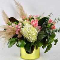Soft Love · This pretty arrangement classically elegant  delivered in gold glass vase.