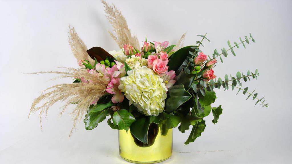 Soft Love · This pretty arrangement classically elegant  delivered in gold glass vase.