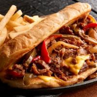 Philly Cheesesteak · Sliced sirloin, choice of American or provolone cheese, grilled onions, and peppers, served ...
