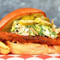 Nashville Hot Chicken Sandwich  · Crispy Nashville-style hot chicken topped with creamy coleslaw, dill pickles and aioli
