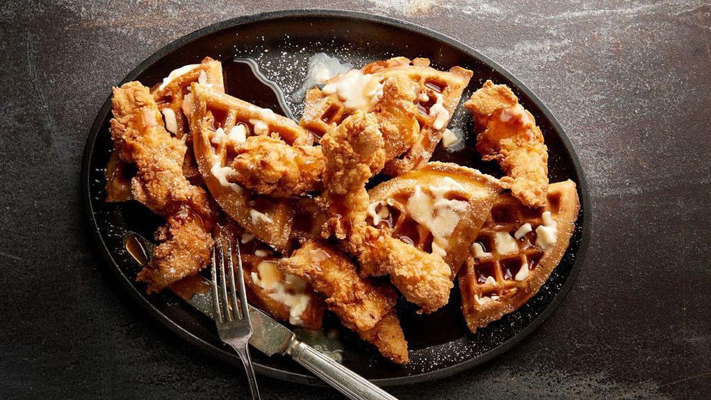 Chicken & Waffles · House-made Belgian waffles served with hand-battered chicken tenders and maple syrup