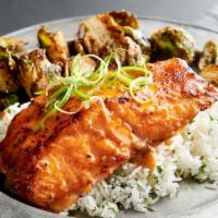 Miso Glazed Salmon · Marinated and grilled Atlantic salmon fillet topped with a sweet and savory miso glaze. Serv...