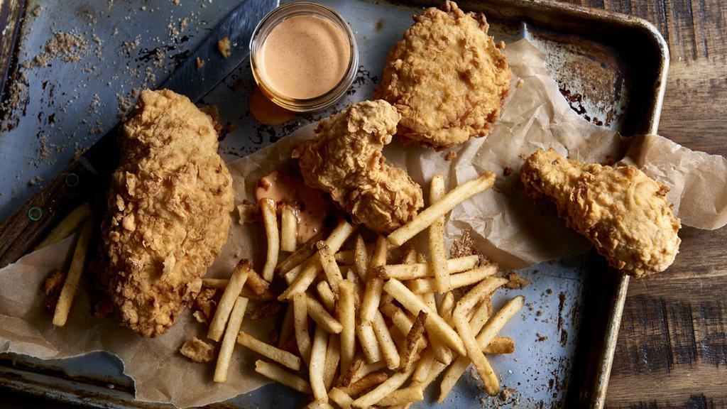 Chicken Tenders · Hand-battered chicken tenders.  Served with coleslaw, fries and choice of whiskey barbecue sauce, honey mustard or ranch dipping sauce