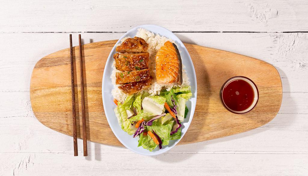 2 Protein Plate · Your choice of 2 proteins with teriyaki sauce, your choice of a base and house salad.