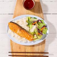 Salmon Plate · Salmon with housemade teriyaki sauce, your choice of a base and mixed vegetables.