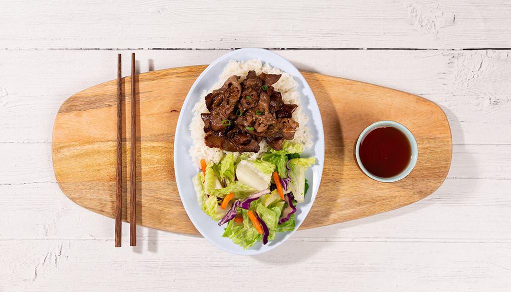 Teriyaki Beef Plate · Grilled sliced beef with housemade teriyaki sauce, your choice of a base and mixed vegetables.