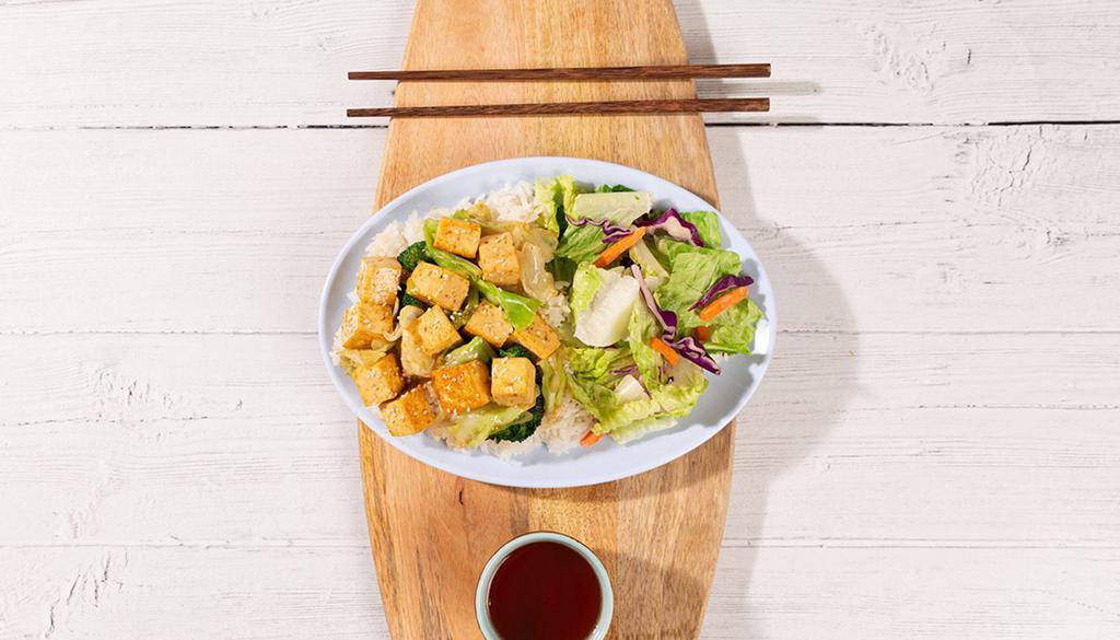 Tofu Veggie Plate · Tofu and mixed veggies with housemade teriyaki sauce, your choice of a base and house salad.
