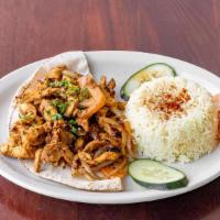 Chicken Shawarma Plate · Served with rice or fries, along with a choice of salad, hummus, Baba Ganoush.