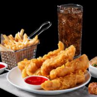 #2) 8 Finger Meal · 8 piece Chicken Fingers, Rice or Fries, Eggroll, Large fountain drink and 2 dipping sauces.