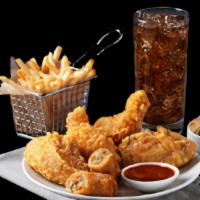#3) 4 Wing Meal · 4 piece Chicken Wings (bone-in), Rice or Fries, Eggroll, Large fountain drink & 1 dipping sa...