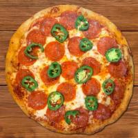 The Bees Knees · Pizza topped with mozzarella cheese, red sauce, pepperoni, jalapeños, and drizzled with a ha...