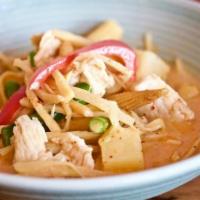 Panang Curry · Sweet red curry topped with bell peppers, mushrooms and carrots.
