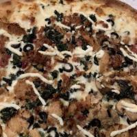 Mediterranean Pizza · Fresh spinach, roma tomatoes, feta cheese, wisconsin mozzarella, black olives, and sicilian ...