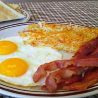 2 Eggs Any Style · Served with your choice of four bacon, two sausage patties or one ham slice.