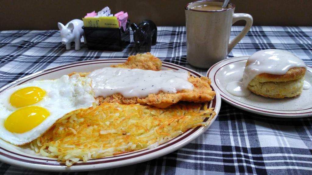 Chicken Fried Chicken · Topped with cream gravy served with two eggs any style.