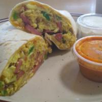 Jnj'S Burrito  · Scrambled eggs, smoked sausage, hashbrowns, onions, bell peppers, and cheese rolled in flour...