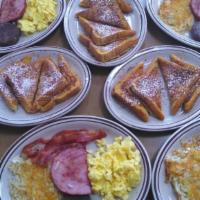 Classic Bj'S Family Feast · 8 eggs scrambled, 8 strips of bacon, 4 sausage patties, 41/2 ham slices, 4 hashbrowns, 8 pan...