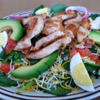 Jnj'S Spinach Salad · Spinach, grilled chicken, diced tomatoes, hard boiled egg, red onions and cheese.