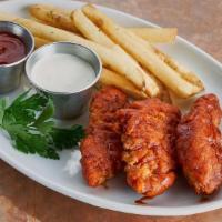 Rebel'S Hot Chicken Tenders · Three crispy chicken tenders, Nashville Hot Sauce, olive oil parsley fries, ranch dressing
