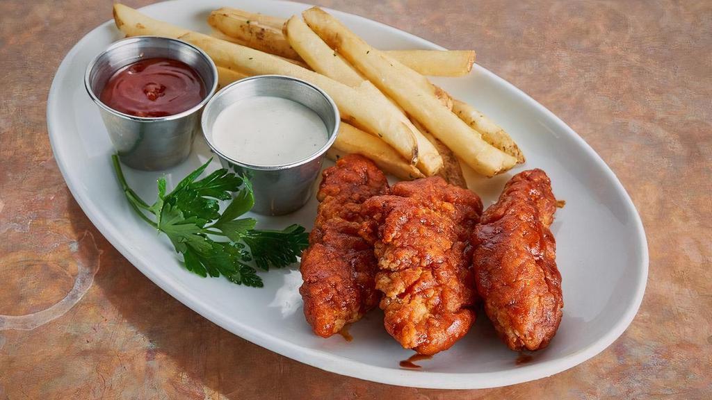 Rebel'S Hot Chicken Tenders · Three crispy chicken tenders, Nashville Hot Sauce, olive oil parsley fries, ranch dressing.